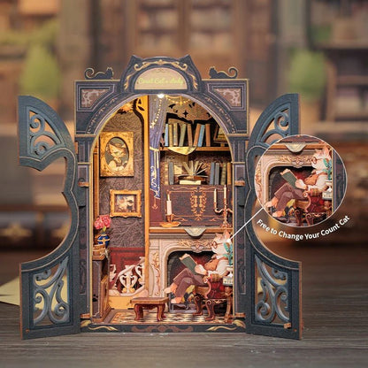CUTEBEE Count Cat's Study DIY Book Nook Kit – Wooden 3D Puzzle Bookshelf Insert with Lights