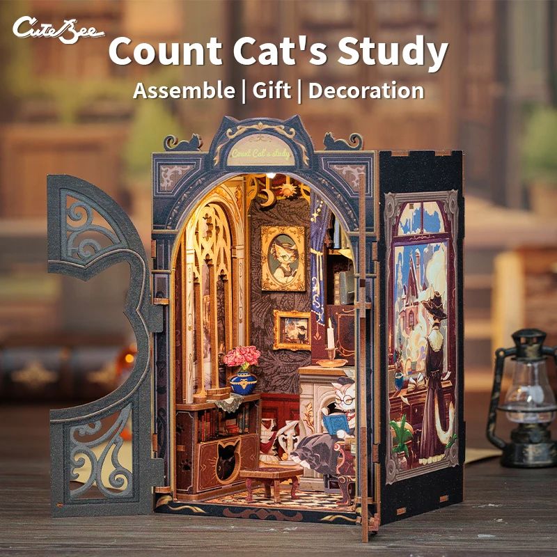 CUTEBEE Count Cat's Study DIY Book Nook Kit – Wooden 3D Puzzle Bookshelf Insert with Lights