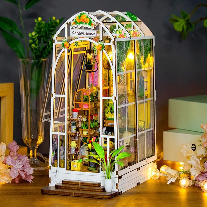 Wooden Flower Garden DIY Book Nook Kit – 3D Puzzle Bookshelf Insert with LED Lights