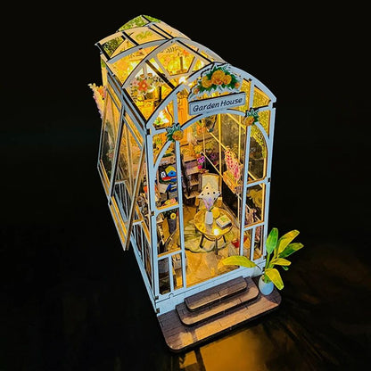 Wooden Flower Garden DIY Book Nook Kit – 3D Puzzle Bookshelf Insert with LED Lights