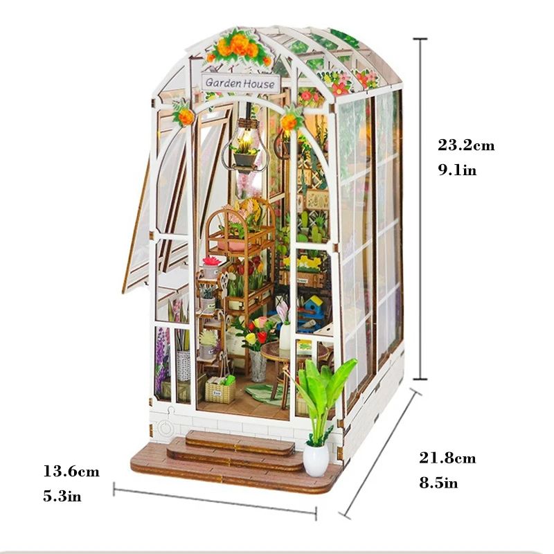 Wooden Flower Garden DIY Book Nook Kit – 3D Puzzle Bookshelf Insert with LED Lights
