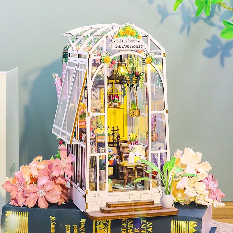 Wooden Flower Garden DIY Book Nook Kit – 3D Puzzle Bookshelf Insert with LED Lights