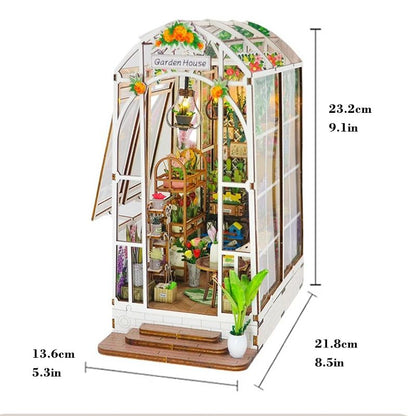 Wooden Flower Garden DIY Book Nook Kit – 3D Puzzle Bookshelf Insert with LED Lights
