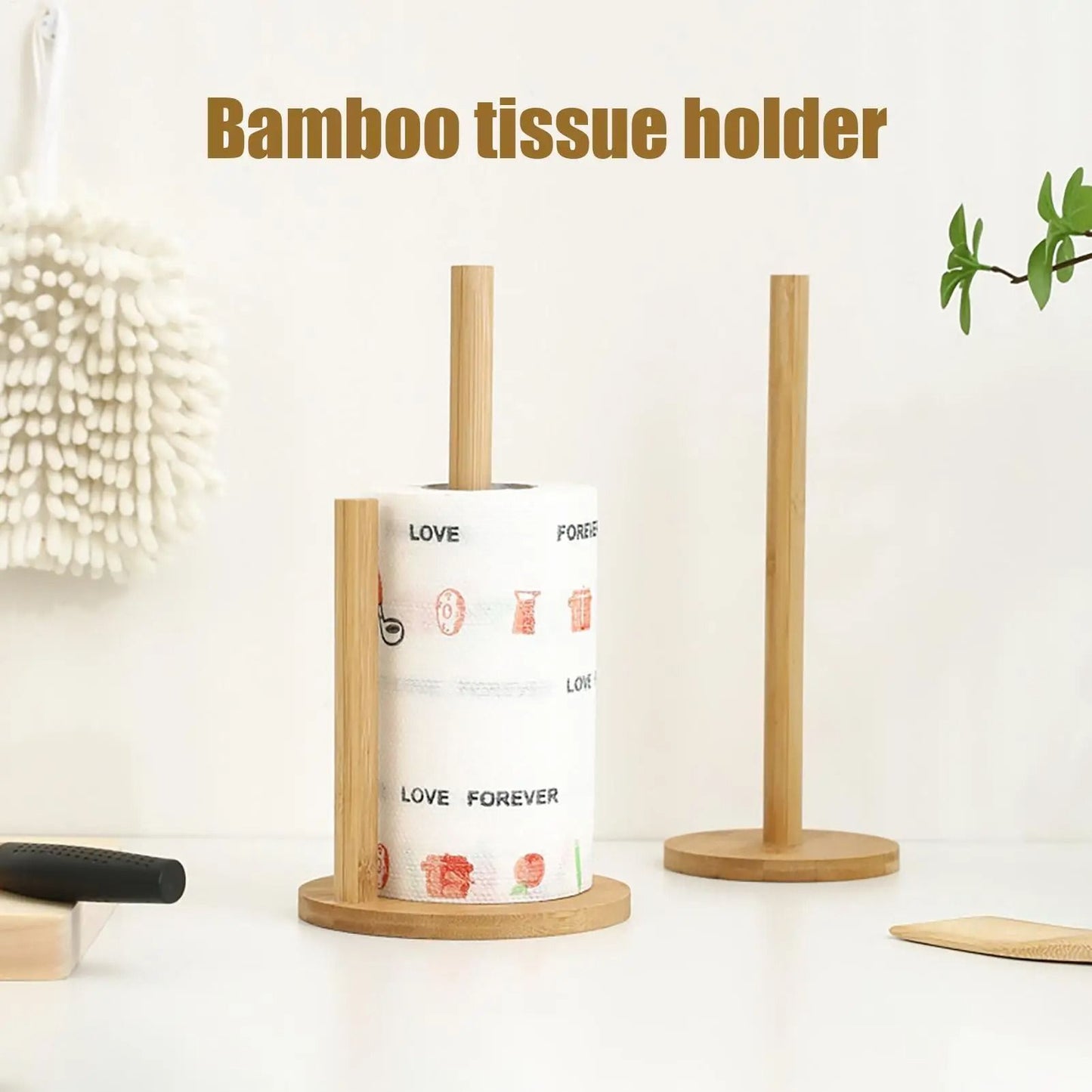 Natural Wooden Rustic Paper Towel Holder Stand with Anti-Skid Base