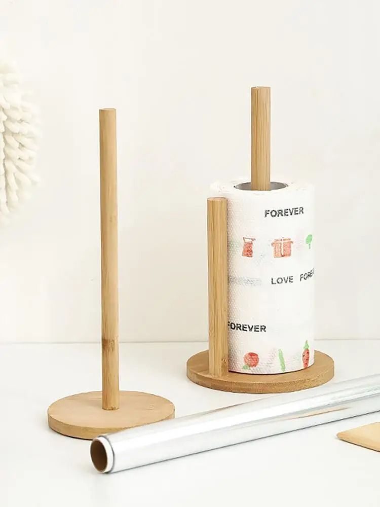 Natural Wooden Rustic Paper Towel Holder Stand with Anti-Skid Base