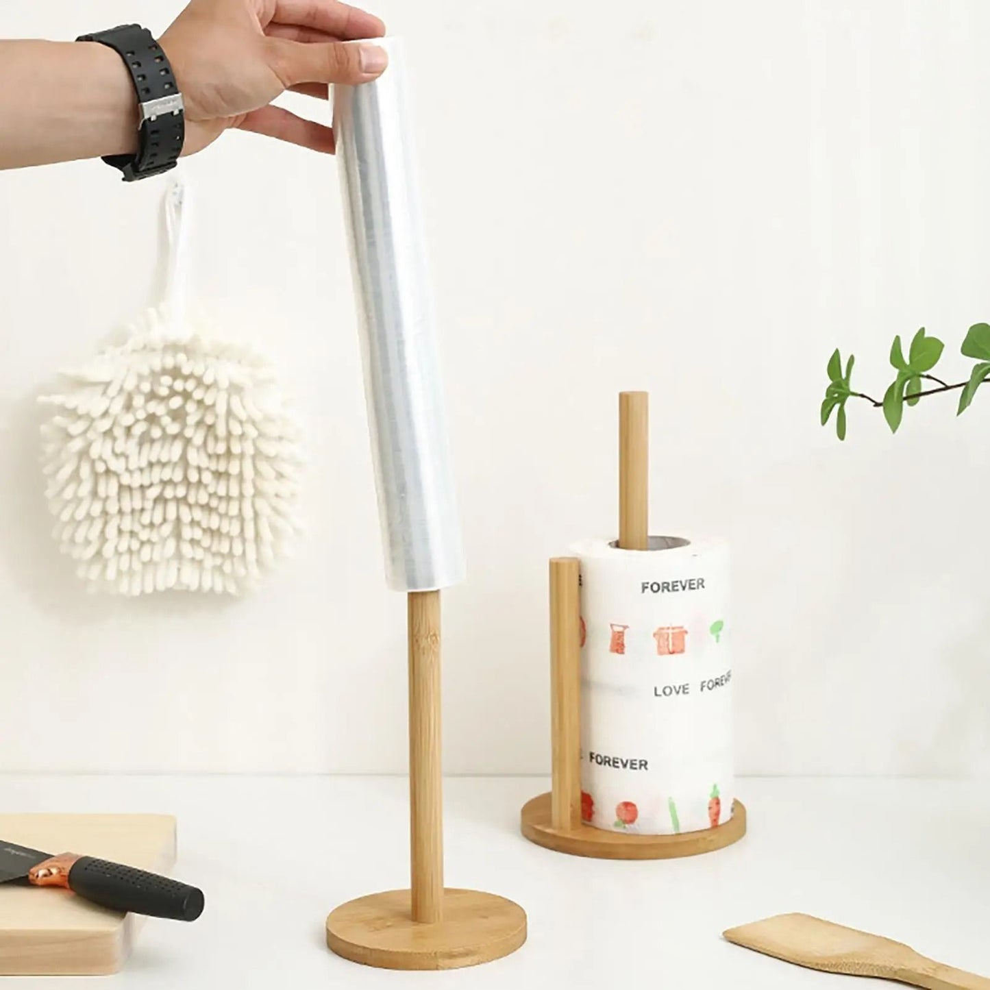 Natural Wooden Rustic Paper Towel Holder Stand with Anti-Skid Base