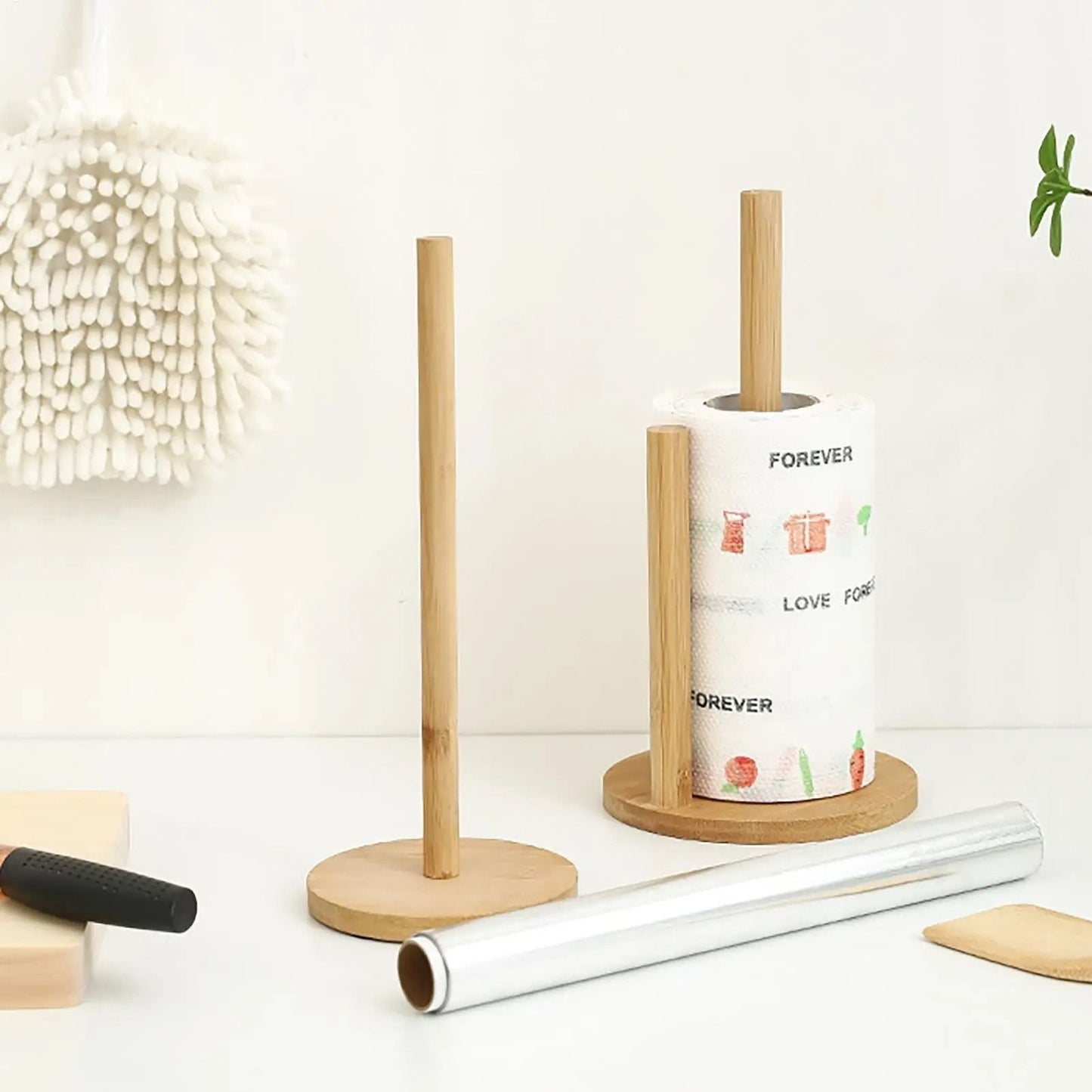 Natural Wooden Rustic Paper Towel Holder Stand with Anti-Skid Base