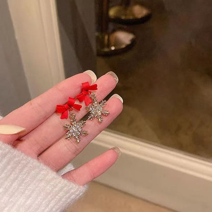 Red Bow Snowflake Christmas Drop Earrings for Women