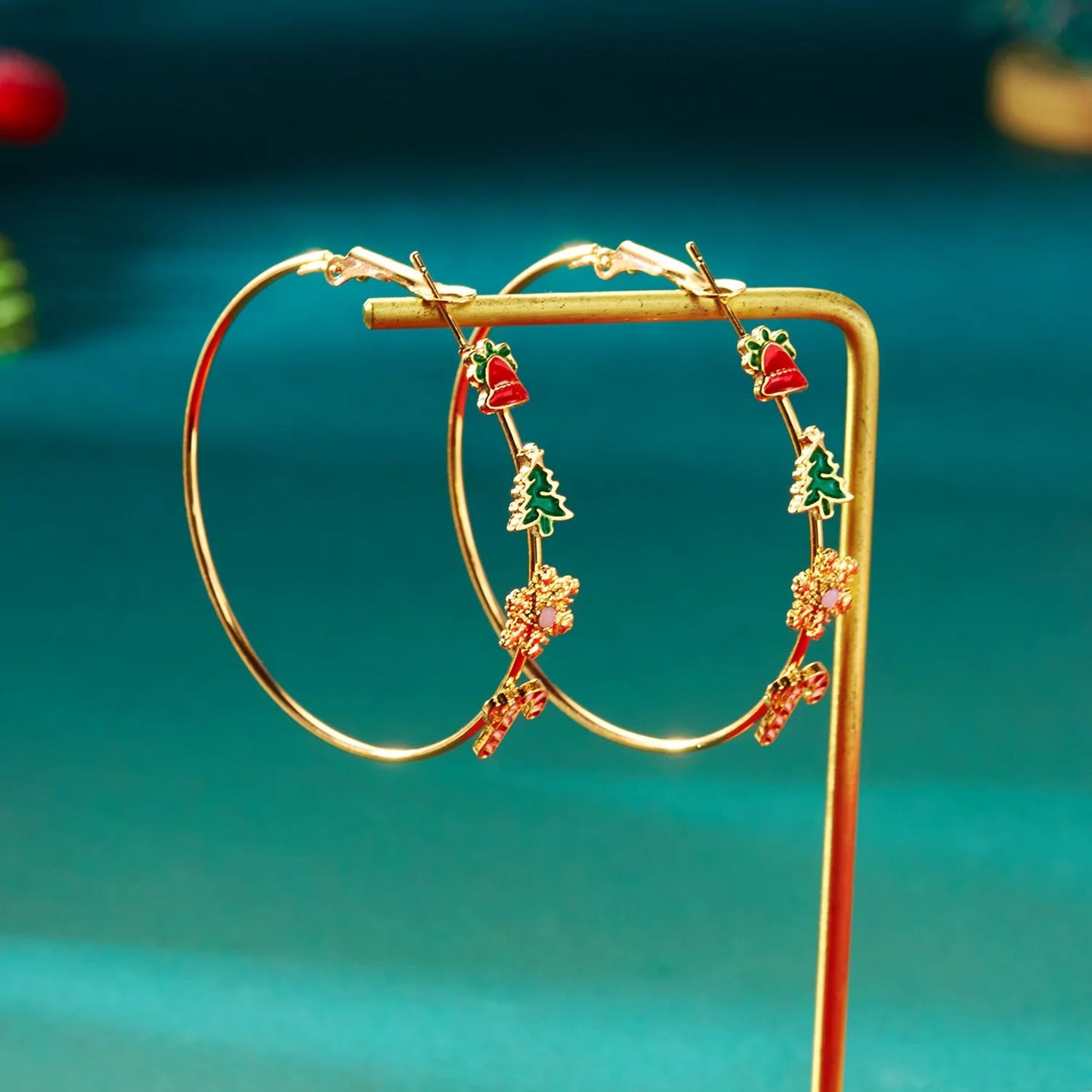 Enamel Christmas Tree Snowflake Candy Cane Hoop Earrings