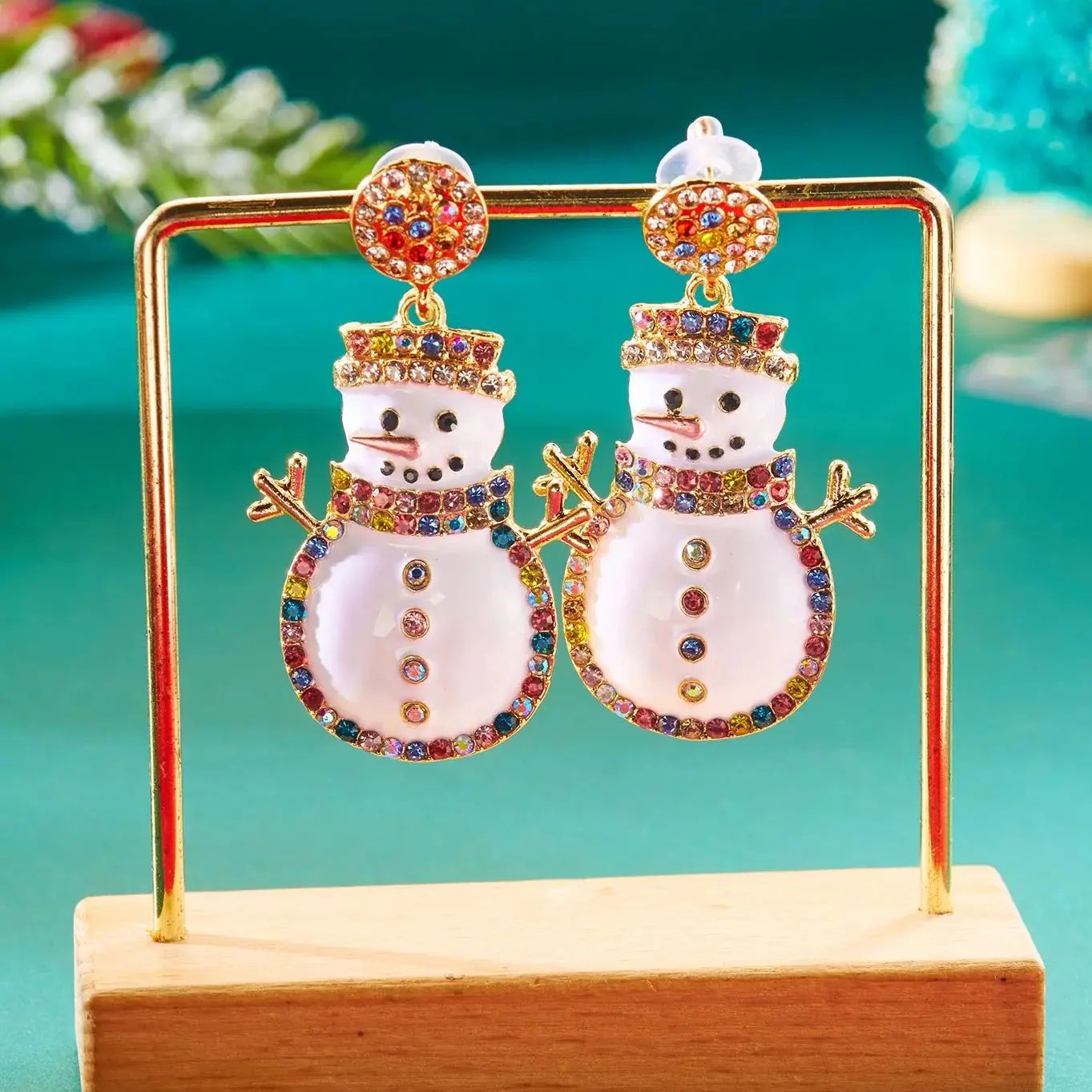 Rhinestone Snowman Christmas Drop Earrings