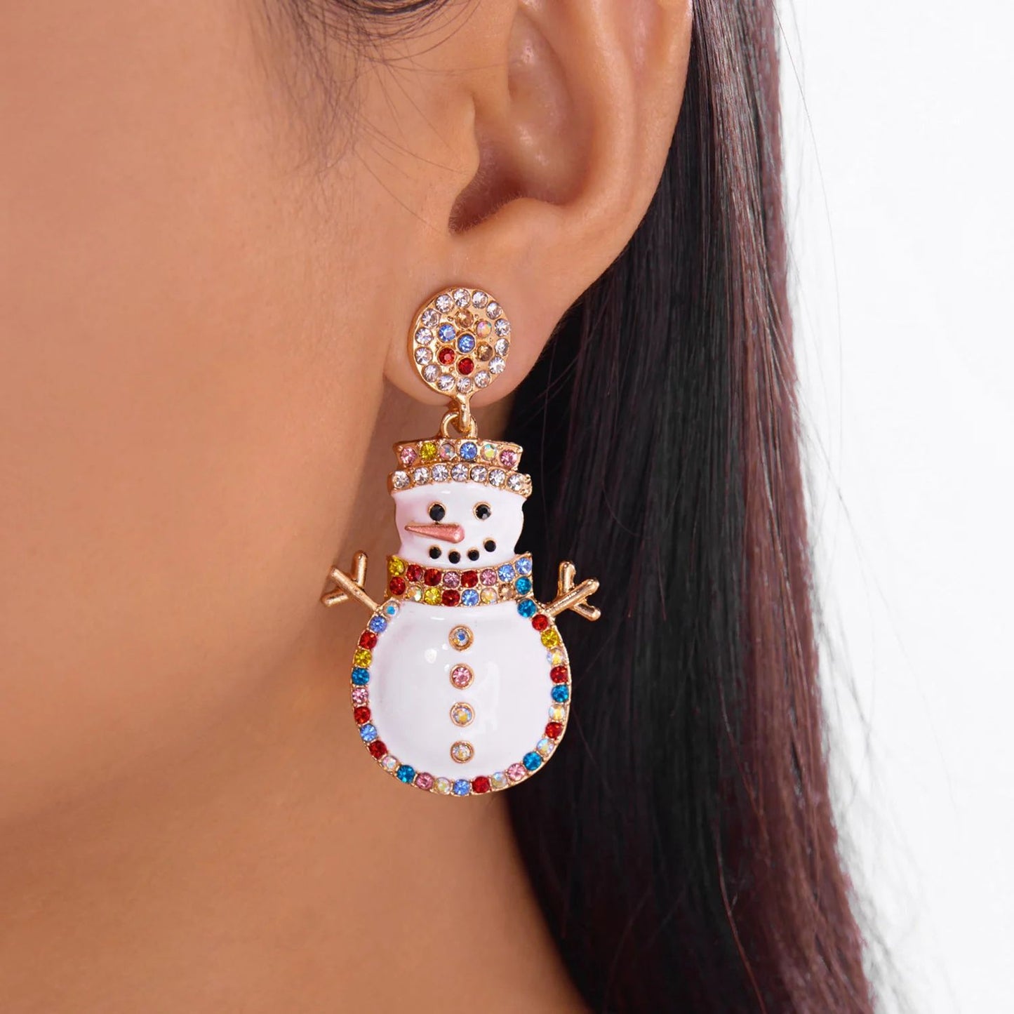 Rhinestone Snowman Christmas Drop Earrings