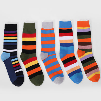 Colorful Striped Combed Cotton Novelty Socks, Fun Dress Socks for Men, Cool & Breathable Casual Patterns