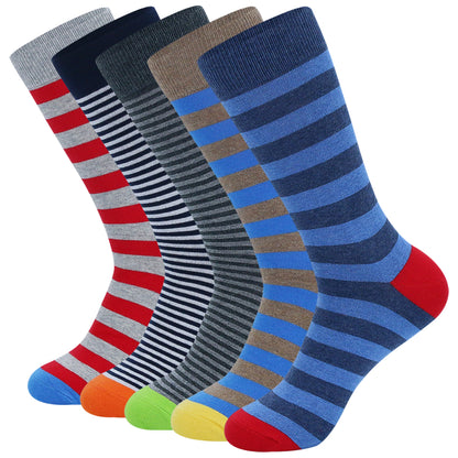 Colorful Striped Combed Cotton Novelty Socks, Fun Dress Socks for Men, Cool & Breathable Casual Patterns