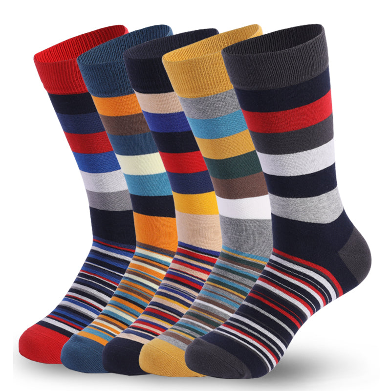 Colorful Striped Combed Cotton Novelty Socks, Fun Dress Socks for Men, Cool & Breathable Casual Patterns