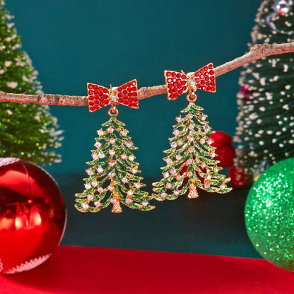 Colorful Rhinestone Bow Christmas Tree Drop Earrings