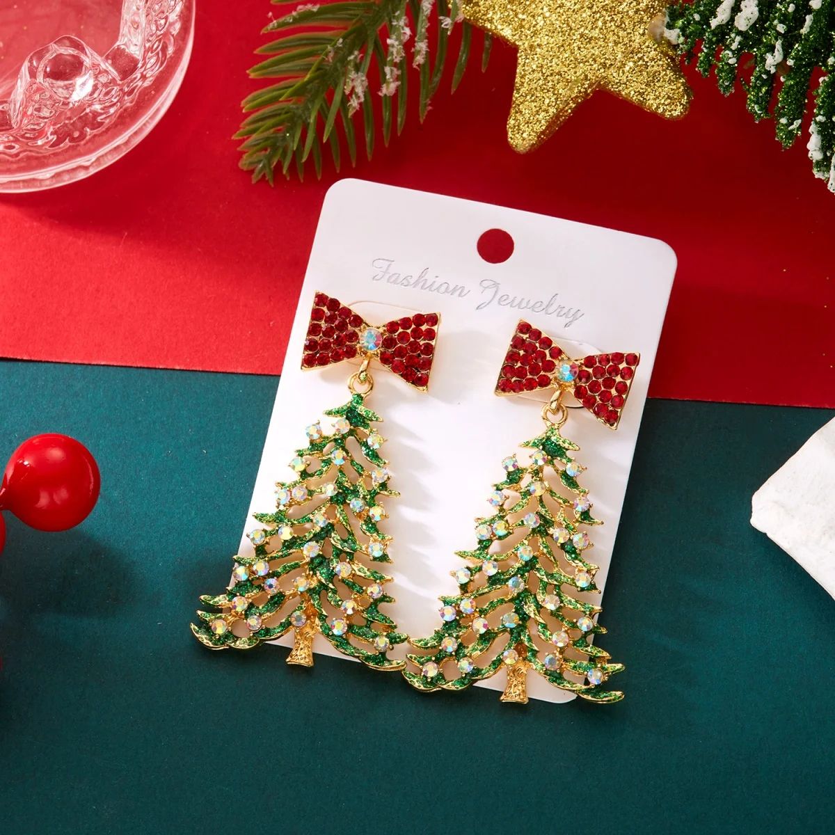 Colorful Rhinestone Bow Christmas Tree Drop Earrings
