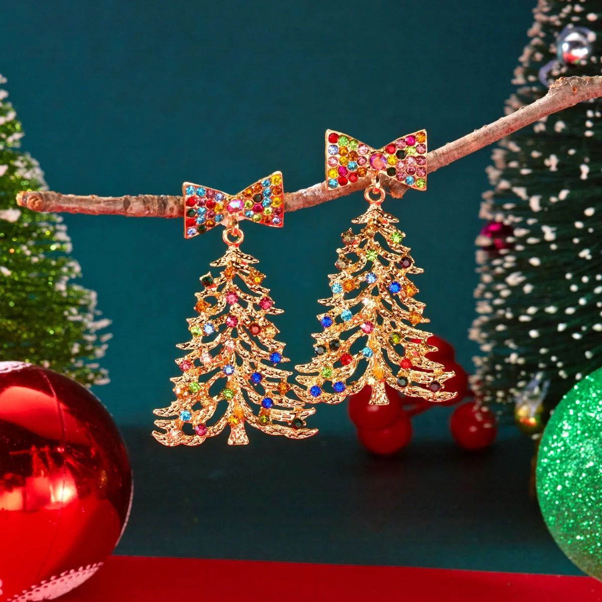 Colorful Rhinestone Bow Christmas Tree Drop Earrings