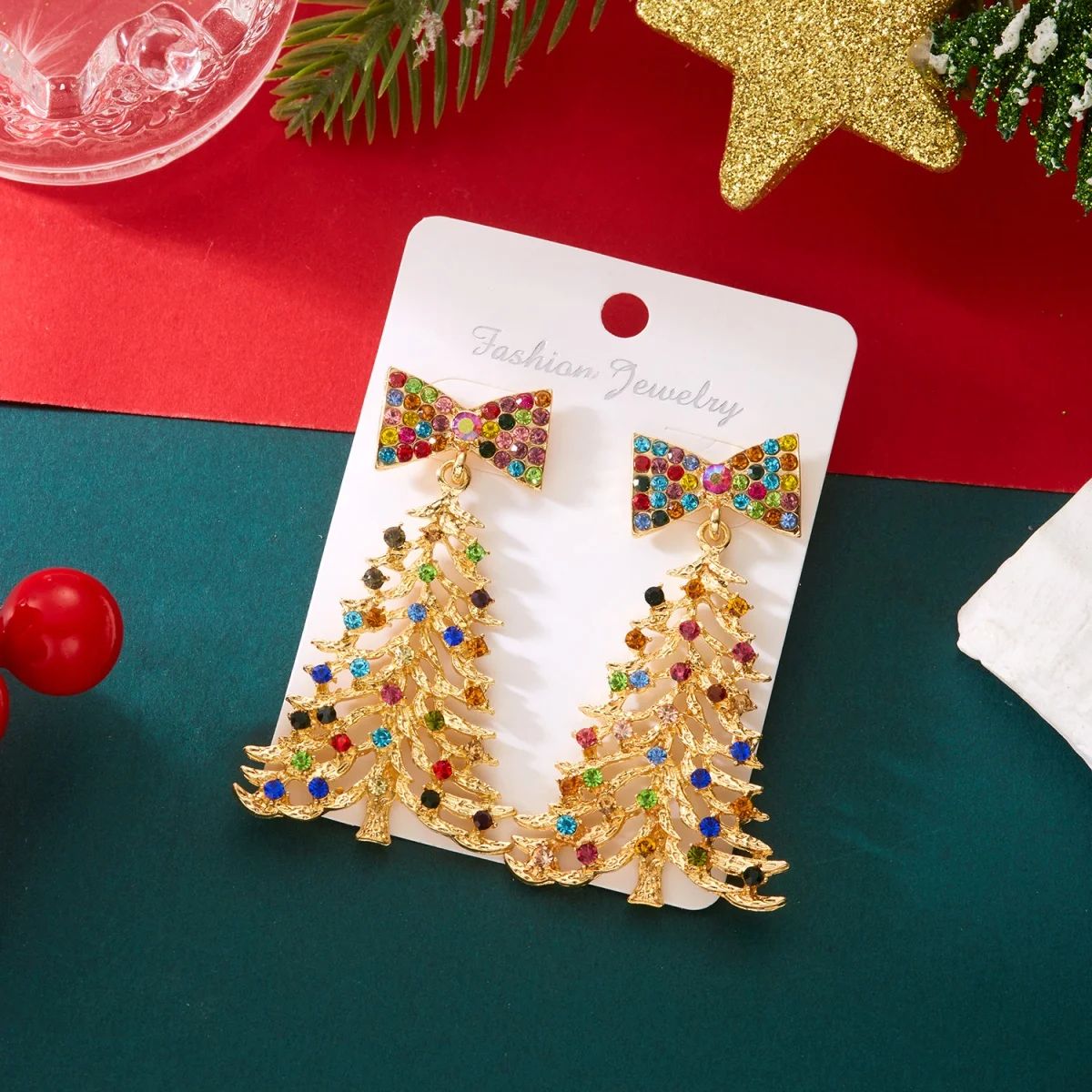 Colorful Rhinestone Bow Christmas Tree Drop Earrings