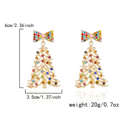 Colorful Rhinestone Bow Christmas Tree Drop Earrings