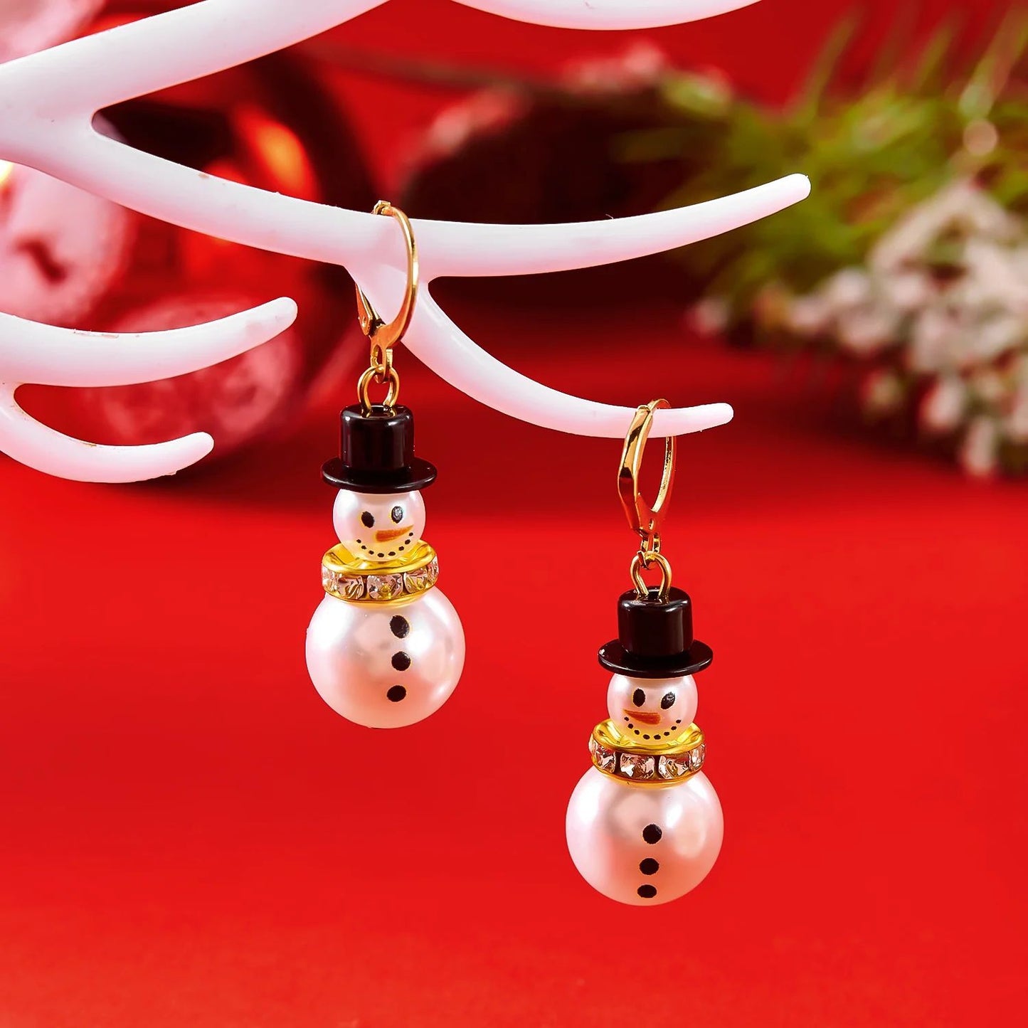 Pearl Snowman Rhinestone Snowflake Drop Earrings