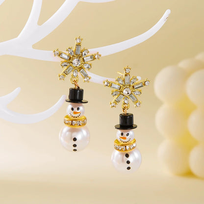 Pearl Snowman Rhinestone Snowflake Drop Earrings