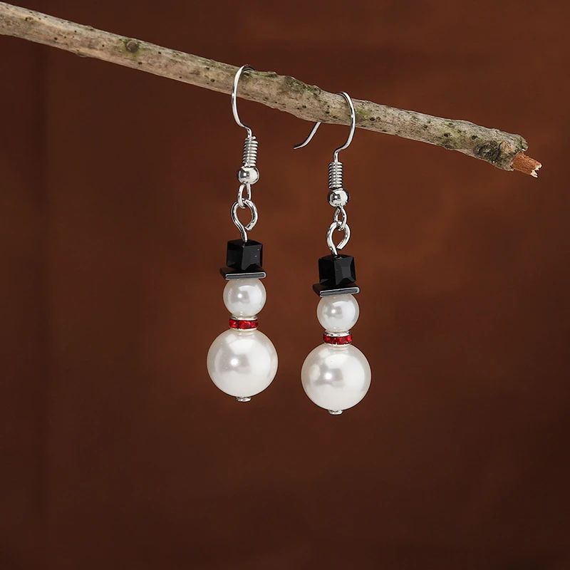 Pearl Snowman Rhinestone Snowflake Drop Earrings
