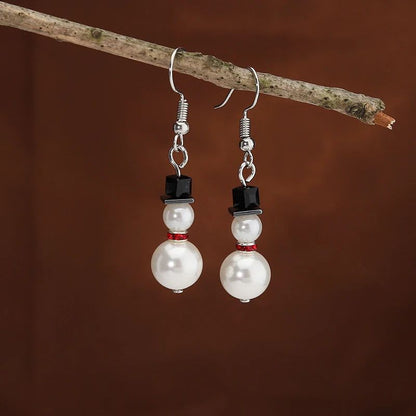 Pearl Snowman Rhinestone Snowflake Drop Earrings