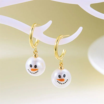 Pearl Snowman Rhinestone Snowflake Drop Earrings