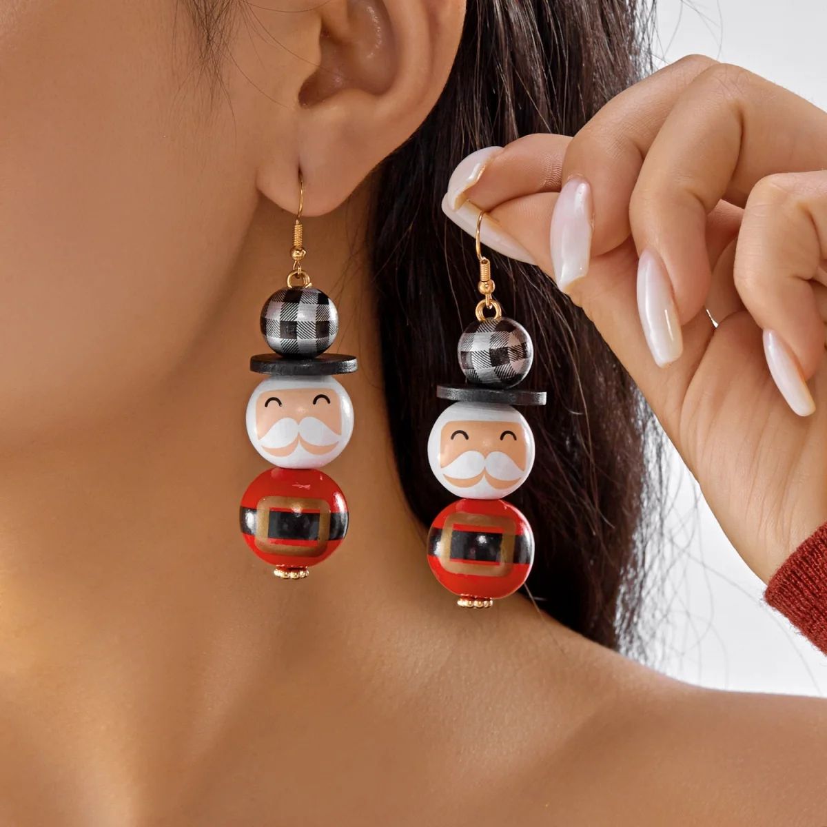 Handmade Wooden Santa Snowman Christmas Dangle Earrings