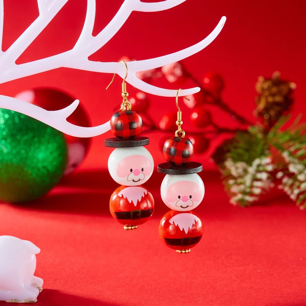 Handmade Wooden Santa Snowman Christmas Dangle Earrings