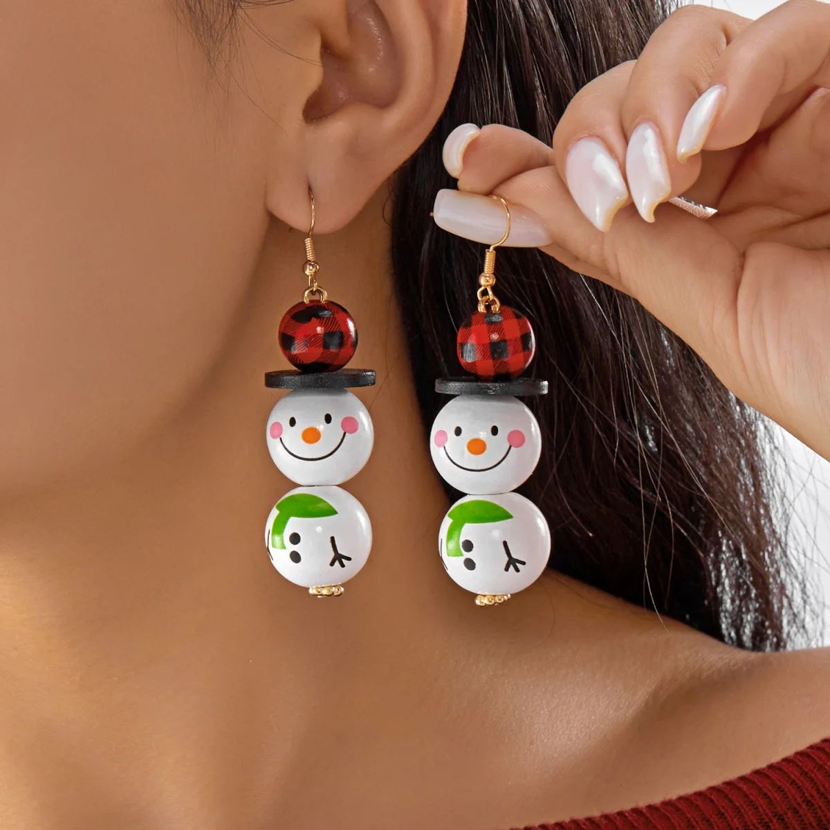 Handmade Wooden Santa Snowman Christmas Dangle Earrings