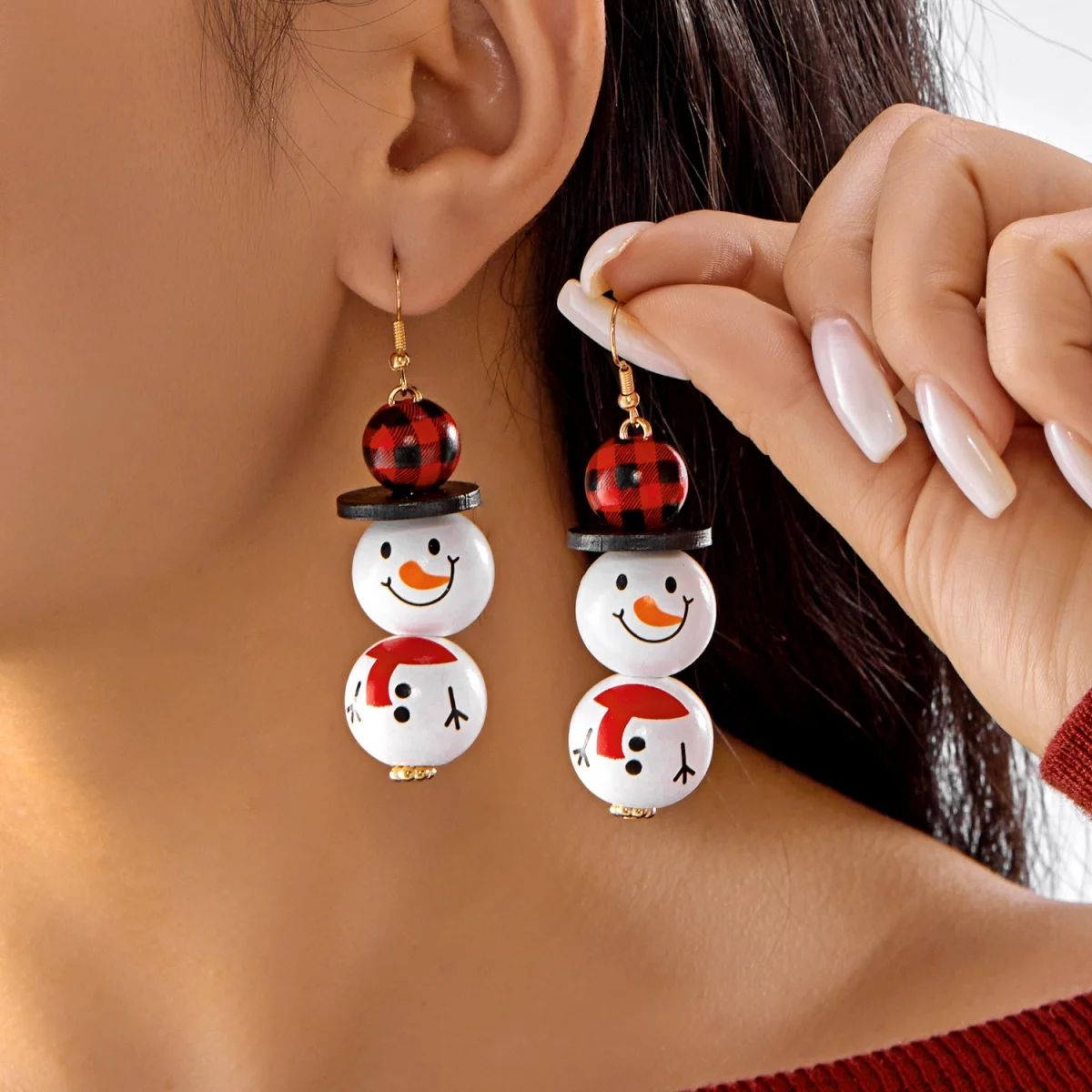 Handmade Wooden Santa Snowman Christmas Dangle Earrings