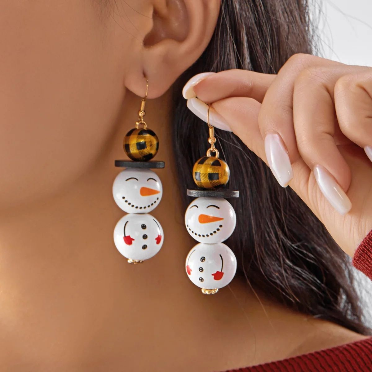 Handmade Wooden Santa Snowman Christmas Dangle Earrings