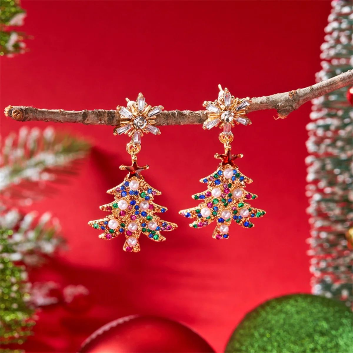 Rhinestone Pearl Christmas Snowflake Tree Drop Earrings