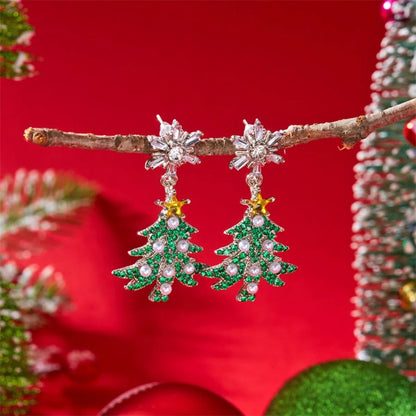Rhinestone Pearl Christmas Snowflake Tree Drop Earrings