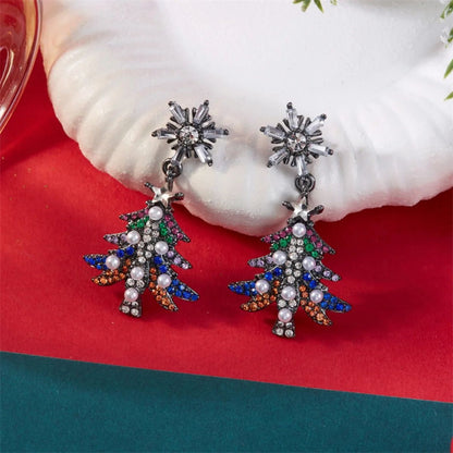 Rhinestone Pearl Christmas Snowflake Tree Drop Earrings