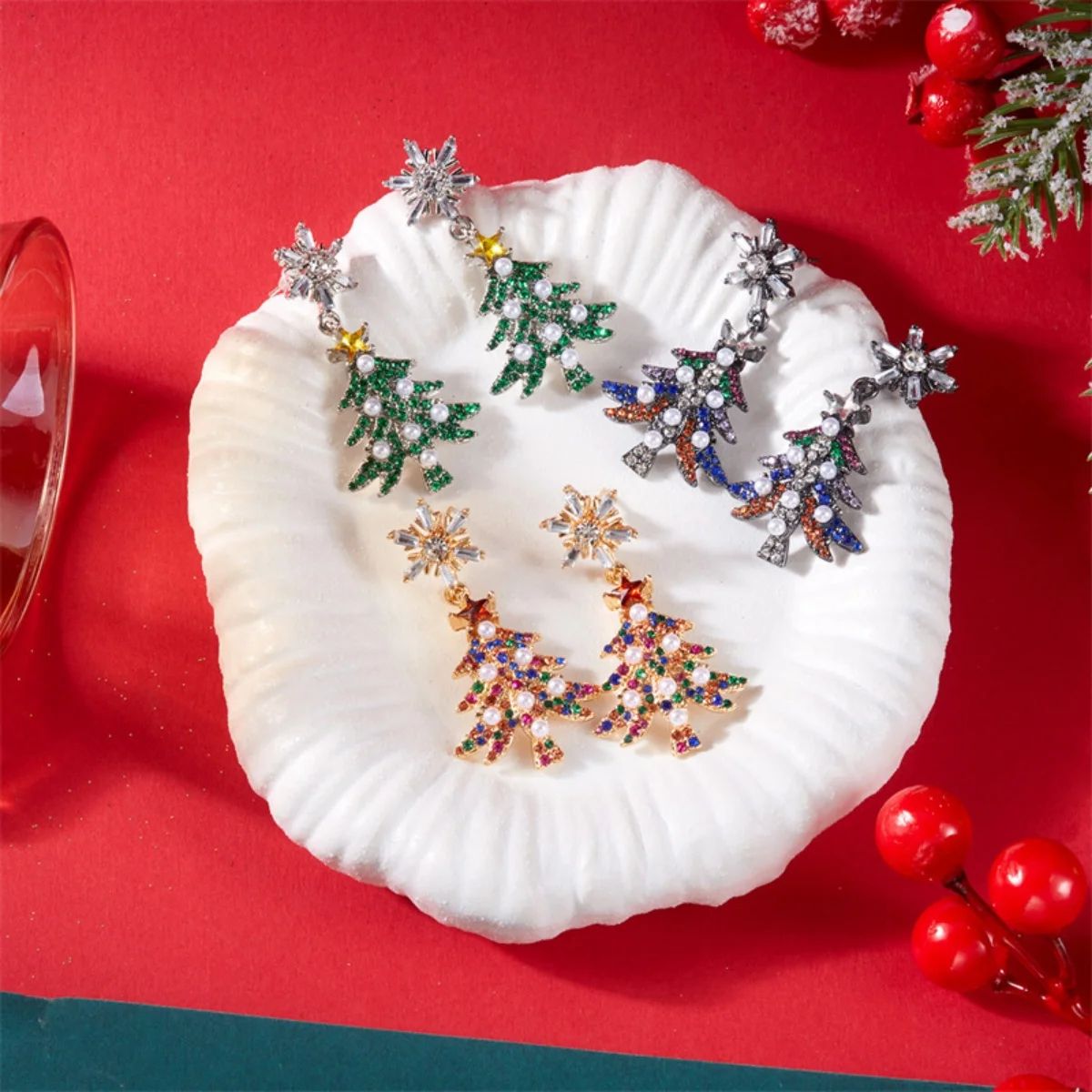 Rhinestone Pearl Christmas Snowflake Tree Drop Earrings
