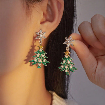 Rhinestone Pearl Christmas Snowflake Tree Drop Earrings