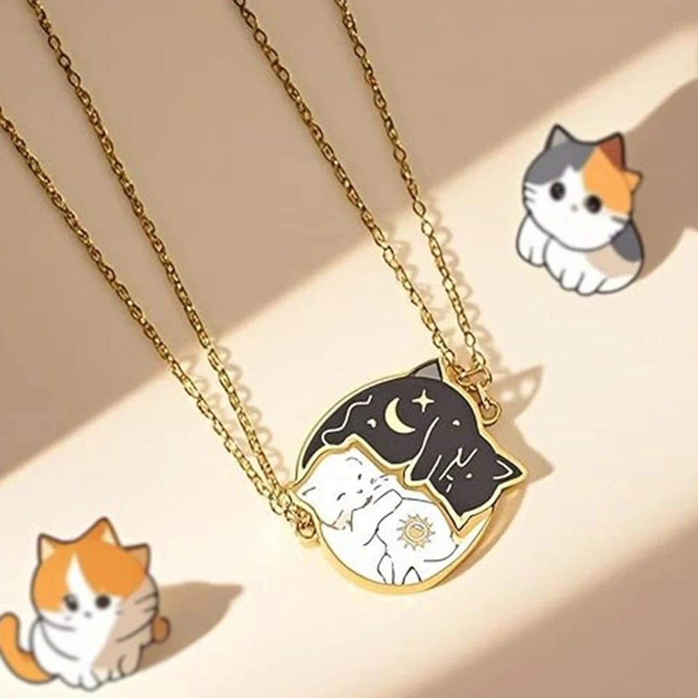 Embrace Love Cat Couple Necklace Set – Stainless Steel Matching Cat Pendant for Best Friends & Couples