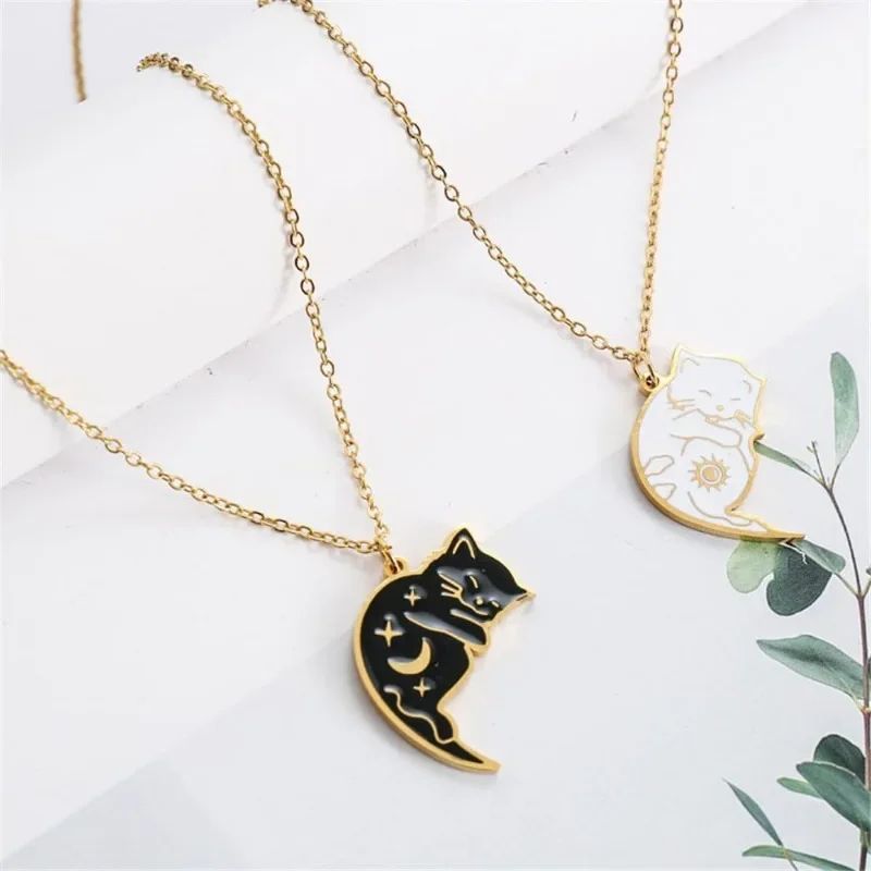 Embrace Love Cat Couple Necklace Set – Stainless Steel Matching Cat Pendant for Best Friends & Couples