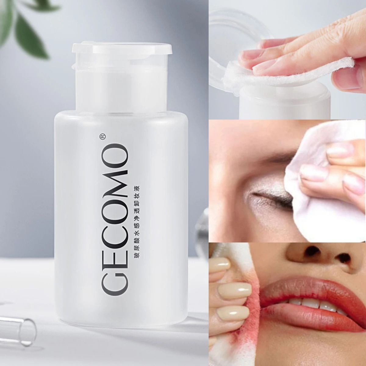 GECOMO Hyaluronic Acid Makeup Remover 3 in 1 Eye Lip and Face Cleanser Gentle Sensitive Skin Makeup Remover Pump Bottle