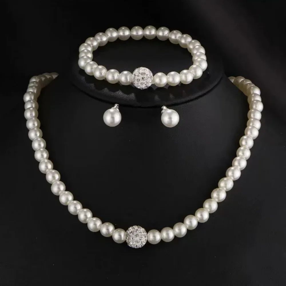 Elegant Bridal Pearl Jewelry Set – Crystal Fireball Imitation Pearl Necklace Set with Bracelet & Stud Earrings