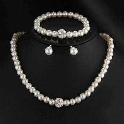 Elegant Bridal Pearl Jewelry Set – Crystal Fireball Imitation Pearl Necklace Set with Bracelet & Stud Earrings