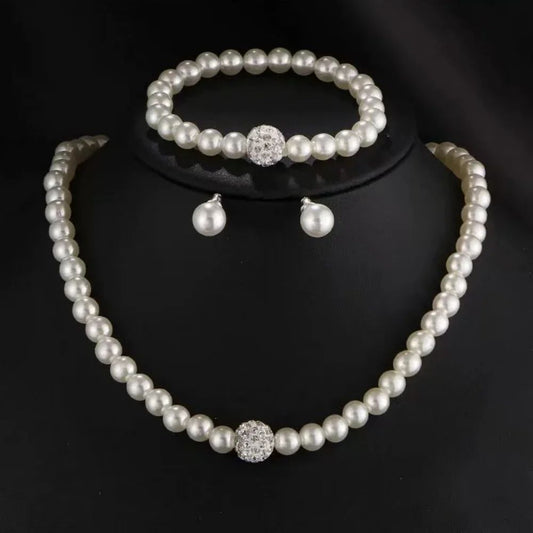 Elegant Bridal Pearl Jewelry Set – Crystal Fireball Imitation Pearl Necklace Set with Bracelet & Stud Earrings