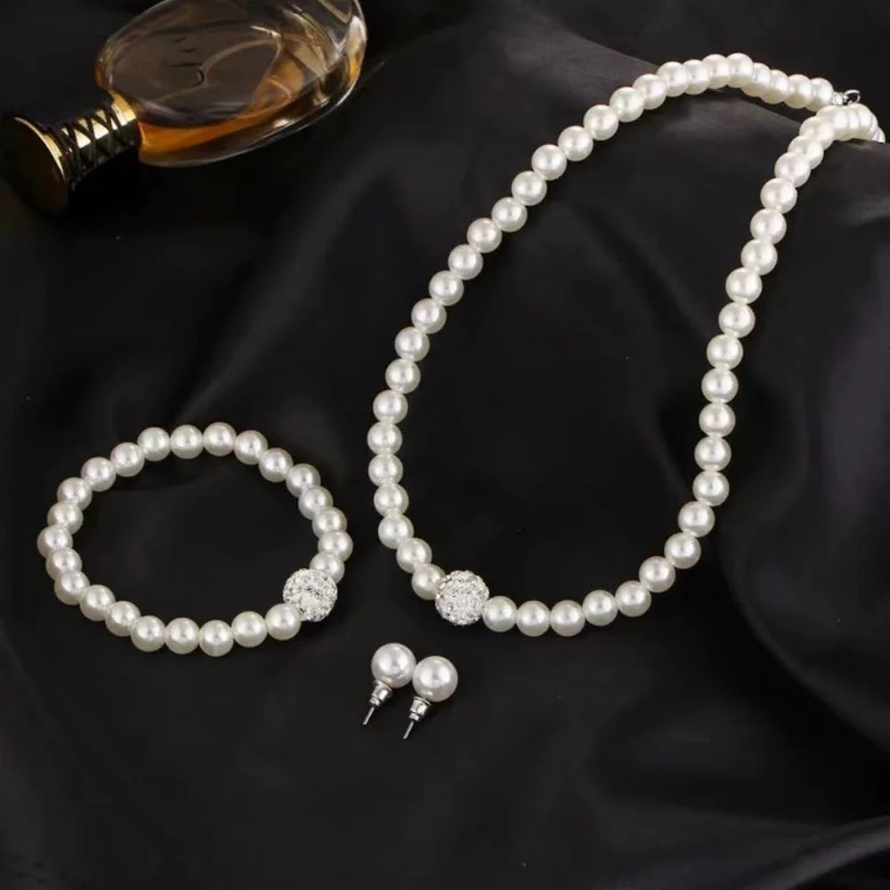 Elegant Bridal Pearl Jewelry Set – Crystal Fireball Imitation Pearl Necklace Set with Bracelet & Stud Earrings