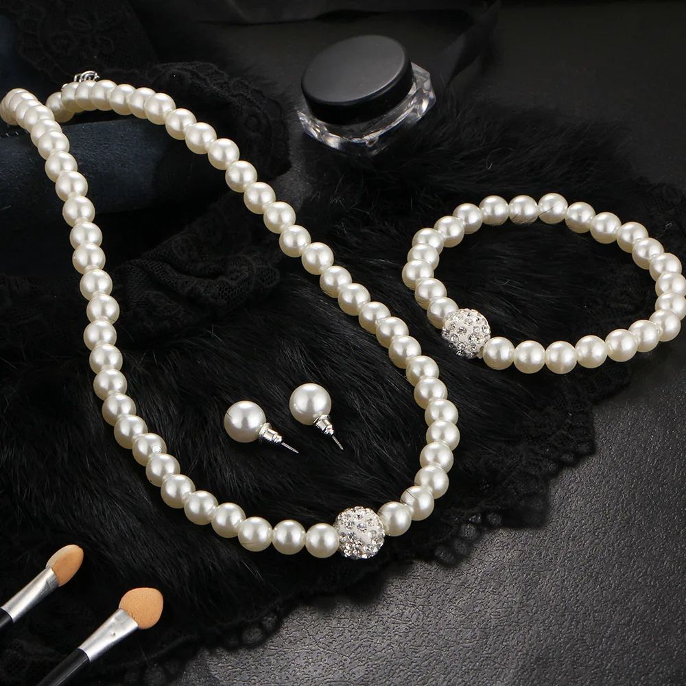 Elegant Bridal Pearl Jewelry Set – Crystal Fireball Imitation Pearl Necklace Set with Bracelet & Stud Earrings