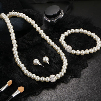 Elegant Bridal Pearl Jewelry Set – Crystal Fireball Imitation Pearl Necklace Set with Bracelet & Stud Earrings