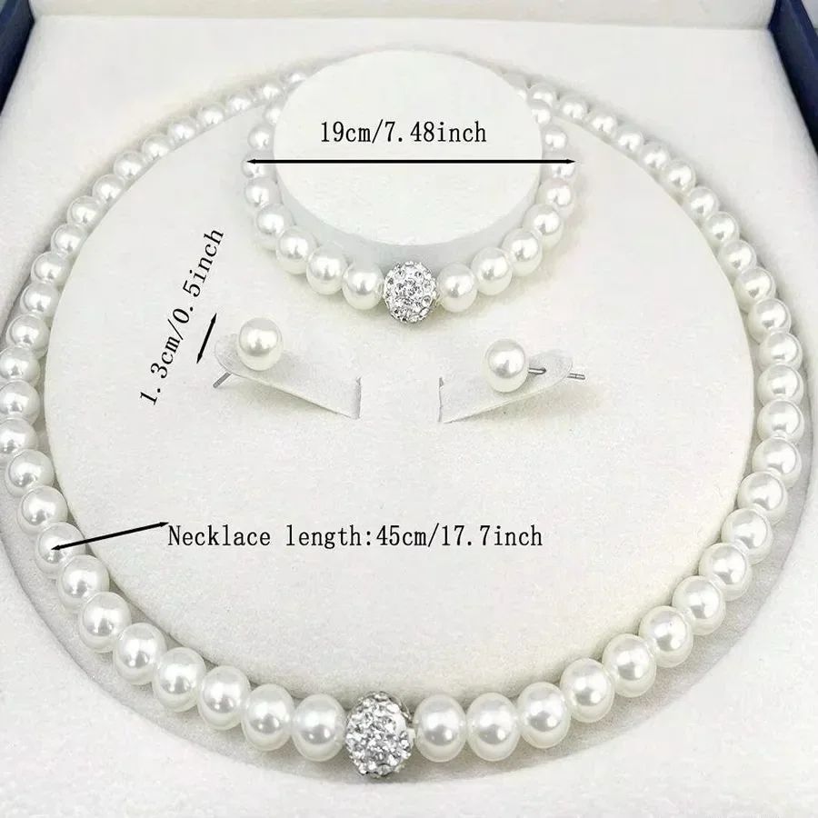 Elegant Bridal Pearl Jewelry Set – Crystal Fireball Imitation Pearl Necklace Set with Bracelet & Stud Earrings