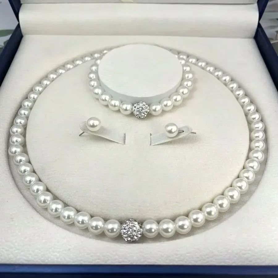Elegant Bridal Pearl Jewelry Set – Crystal Fireball Imitation Pearl Necklace Set with Bracelet & Stud Earrings