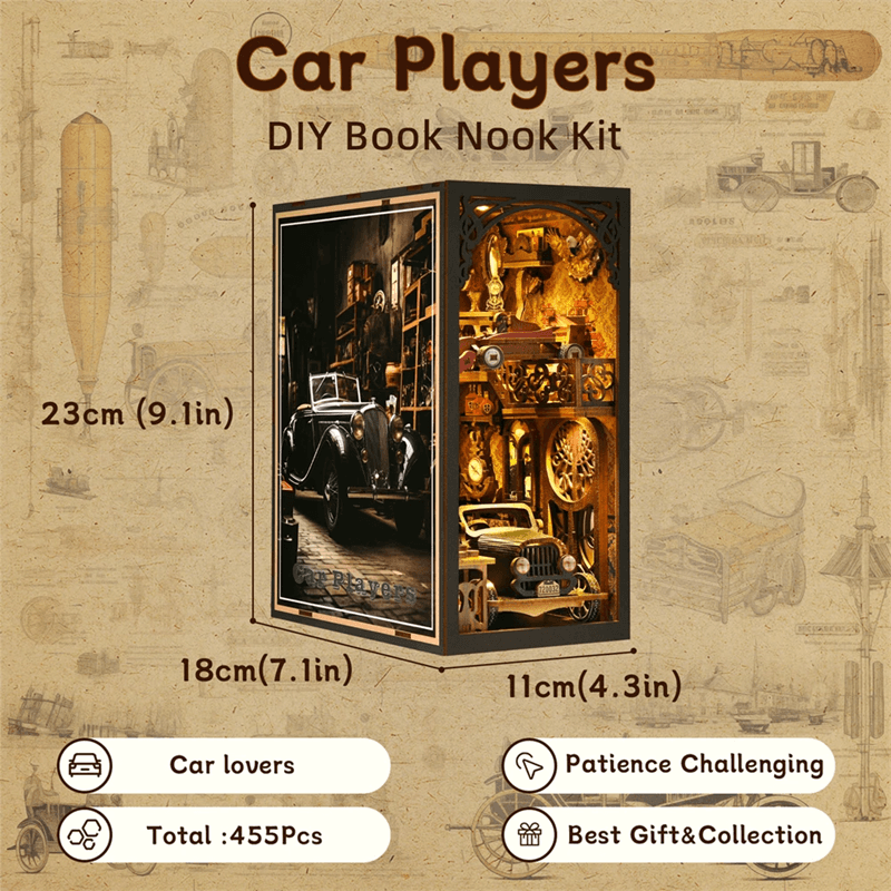 DIY Book Nook Kit Classic Car Wooden Puzzle Bookshelf Insert Decor
